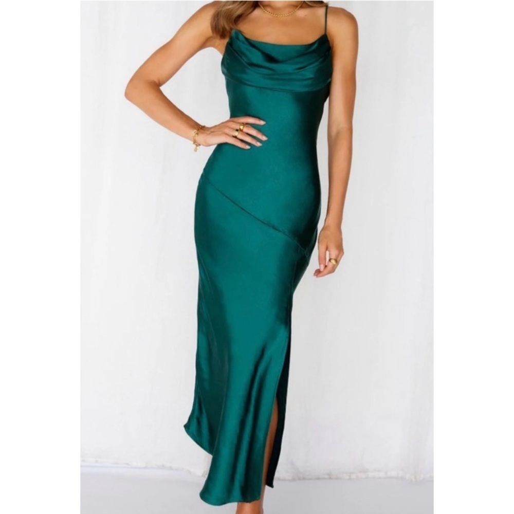Hello Molly Emerald Green Scoop Neck Side Slit Satin Maxi Dress L